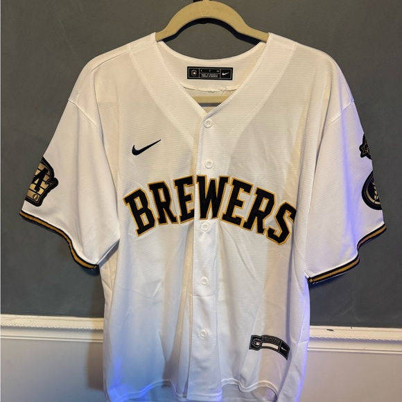 Nike Brewers White and Gold Jersey